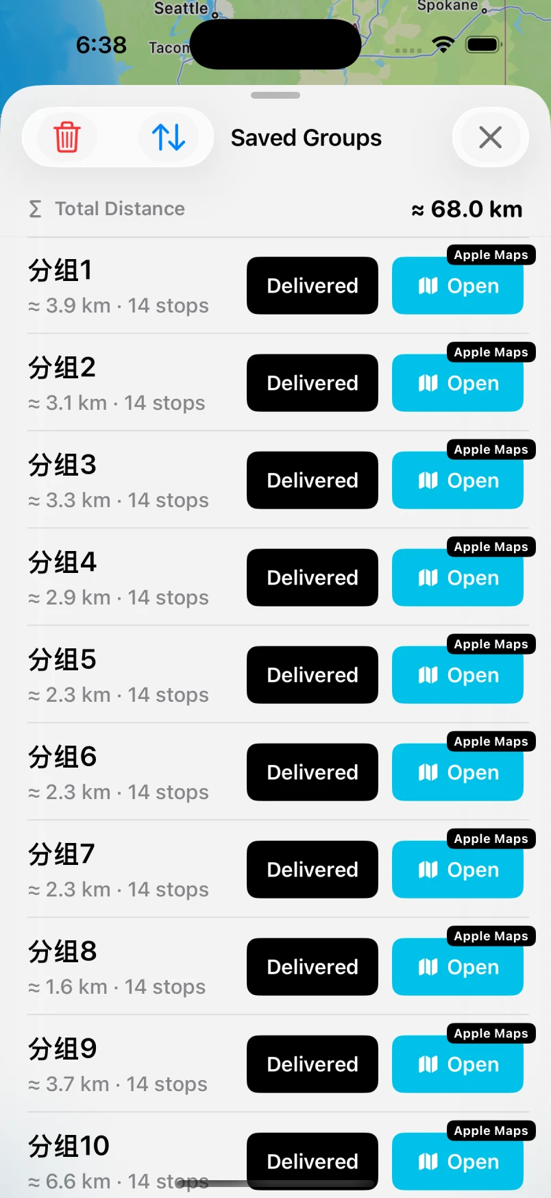 Saved route groups with an Apple Maps action for each group