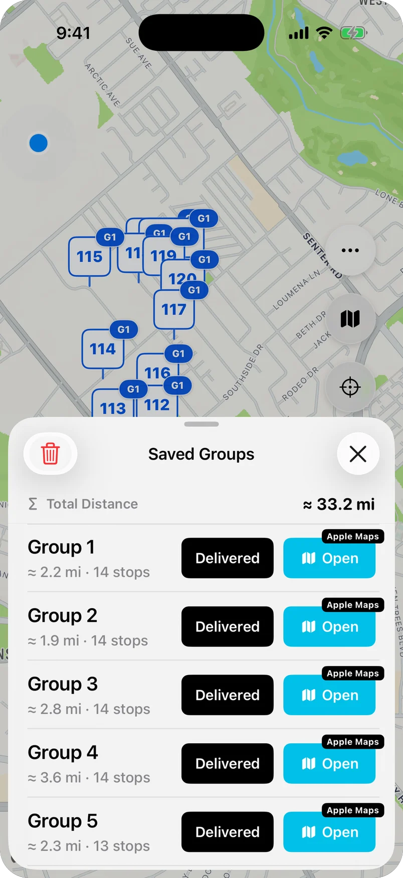 Saved route groups with an Apple Maps action for each group