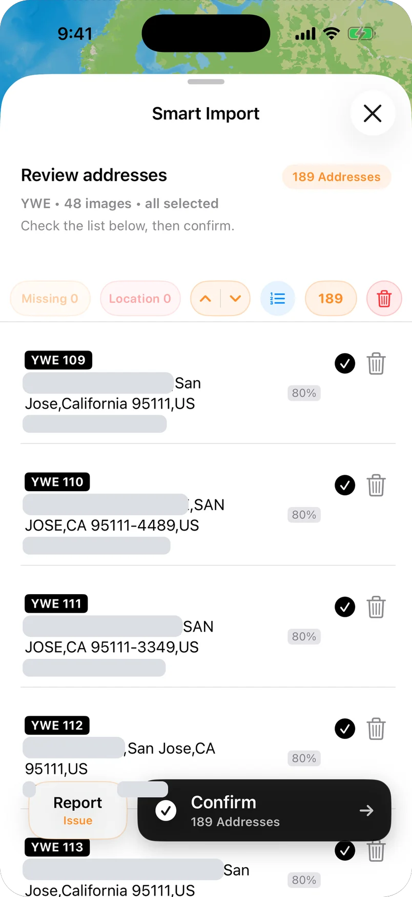 NaviBatch route review with private addresses hidden