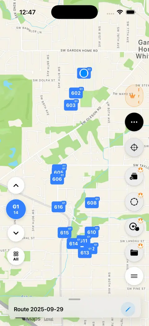 NaviBatch Driver App showing a focused route group on the map
