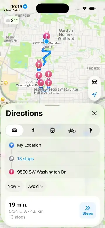 Apple Maps directions showing a NaviBatch handoff with 13 stops plus destination