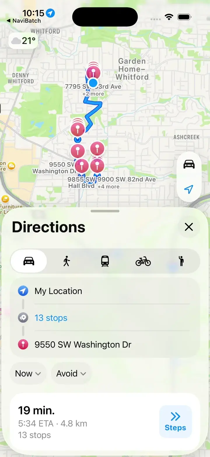 Apple Maps opened from NaviBatch with a reviewed multi-stop delivery group