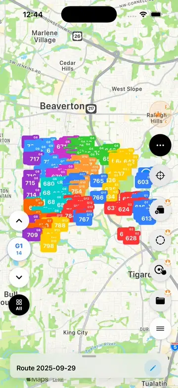 NaviBatch map showing multiple delivery groups