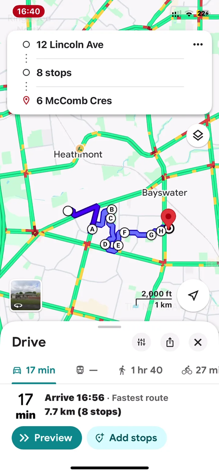 Google Maps opened from NaviBatch with a reviewed delivery route