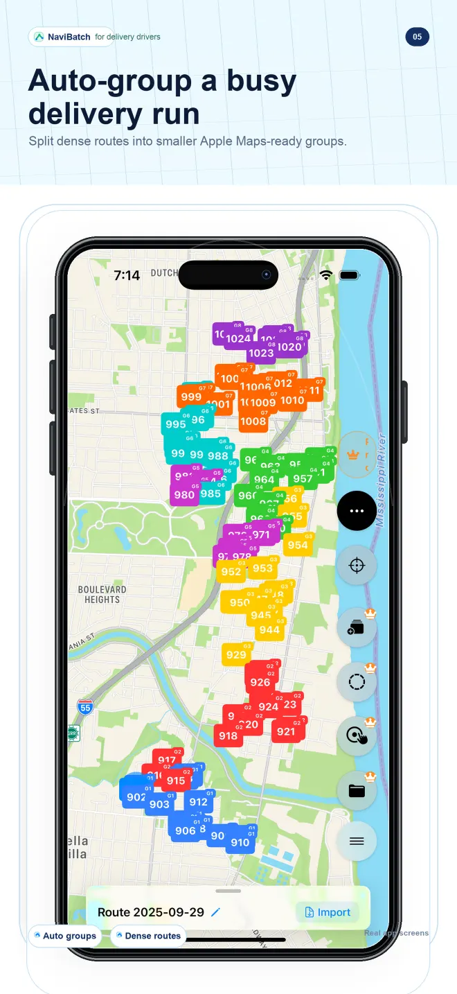 Official NaviBatch map UI with a busy delivery run split into colored groups