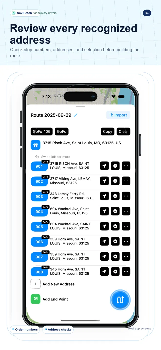 Official NaviBatch address review UI with recognized delivery addresses