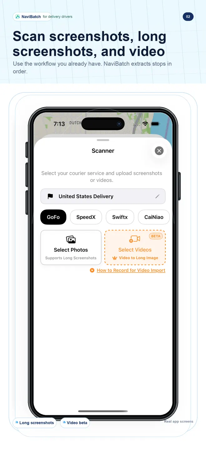 NaviBatch import options for delivery screenshots, long images, and videos