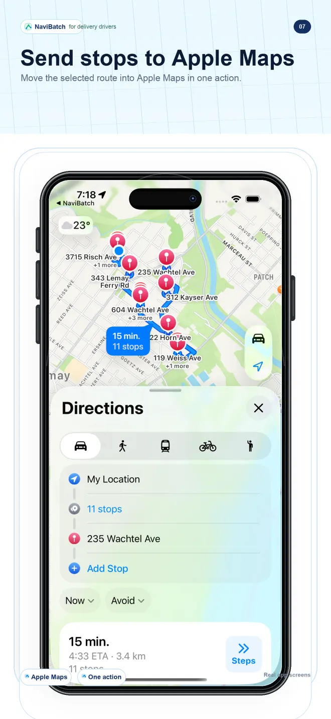 Official NaviBatch UI showing reviewed stops ready to send to Apple Maps